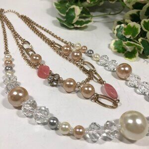 Multilayer Gold Chain Necklace Faux Pearl Crystal Beads Pink Accents Elegant